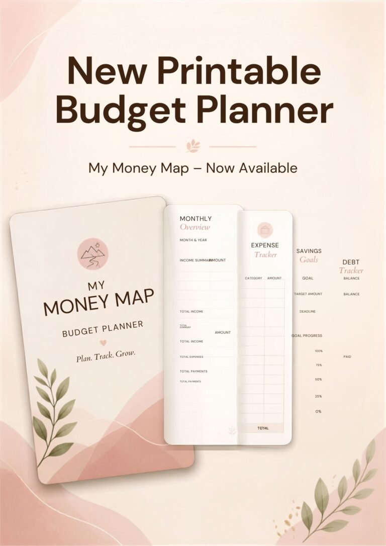 Overzicht van de verschillende onderdelen van de Moneymap budgetplanner, inclusief maandoverzicht, uitgavenlog en spaardoelen.