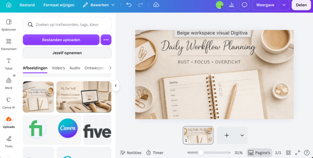 Canva‑tip afbeelding met roze achtergrond en tekst ‘Less is more’. Open Canva‑scherm met een minimalistische workflow‑template in beige tinten. De afbeelding toont hoe Canva templates voor workflow zorgen voor overzicht, structuur en een rustige planning.