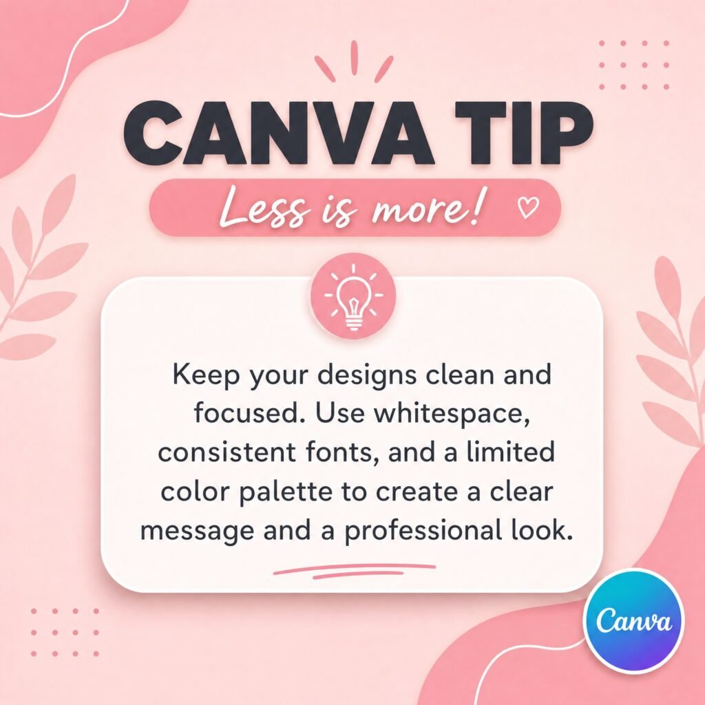 Canva‑tip afbeelding met roze achtergrond en de tekst ‘Less is more’, die laat zien hoe Canva templates voor workflow helpen bij minimalistische ontwerpen met witruimte, rustige kleuren en consistente typografie.
