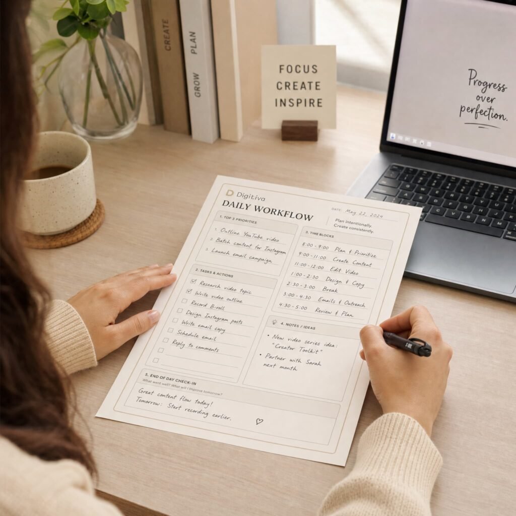 Persoon schrijft in een geprinte daily schedule‑planner aan een bureau met laptop, boeken en een kleine plant; rustige, georganiseerde werkplek voor minimalistische planners