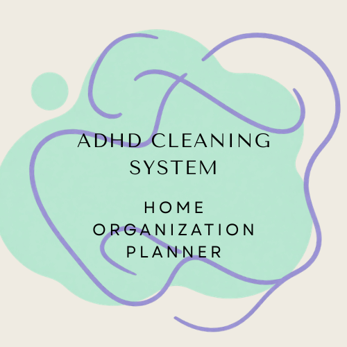 Online Geld Verdienen Met Digitale Producten - Abstracte mintgroene en paarse illustratie met tekst “ADHD Cleaning System – Home Organization Planner”. Minimalistisch ontwerp dat een planner promoot voor ADHD‑vriendelijke schoonmaak‑ en organisatie‑routines.
