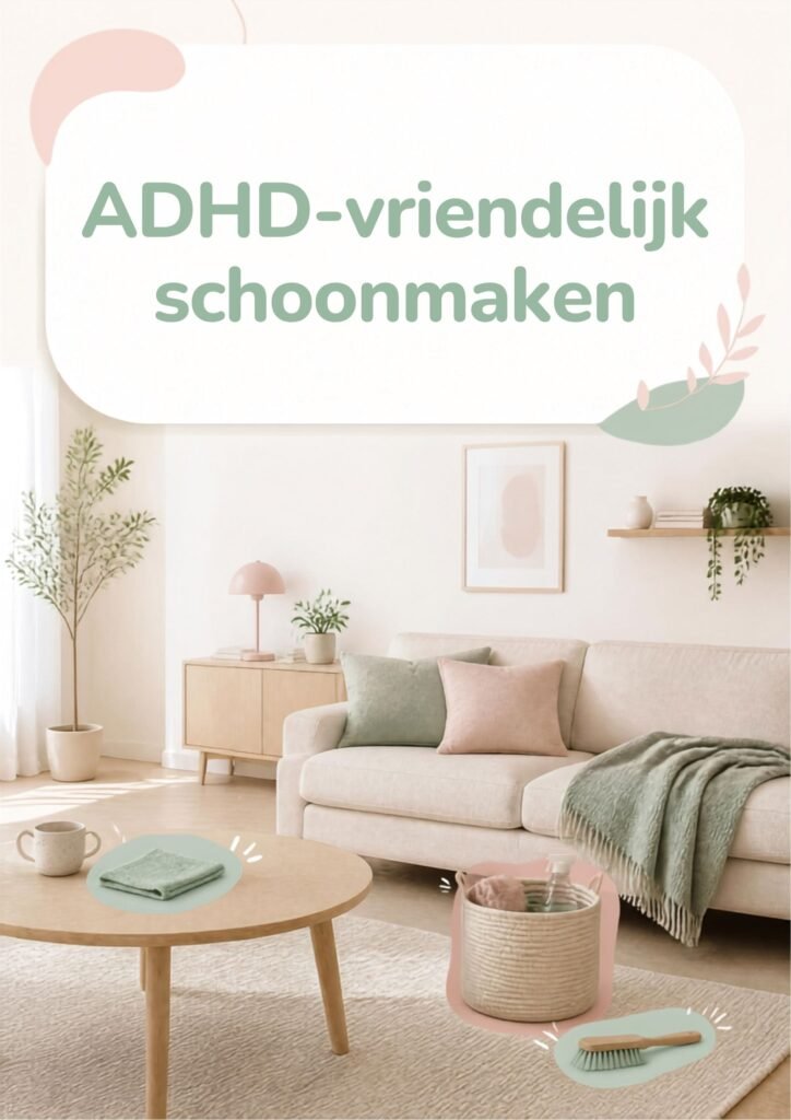 Pastel interieur met rustige, minimalistische woonkamer waar ADHD‑vriendelijk schoonmaken wordt getoond; één kleine taak in beeld, zachte kleuren en veel witruimte voor een kalme, overzichtelijke uitstraling.