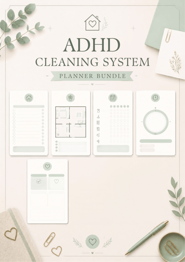 Mockup van de ADHD Cleaning System Planner Bundle in Digitiva‑stijl, met rustige pastelplanners voor meer overzicht in het huishouden.