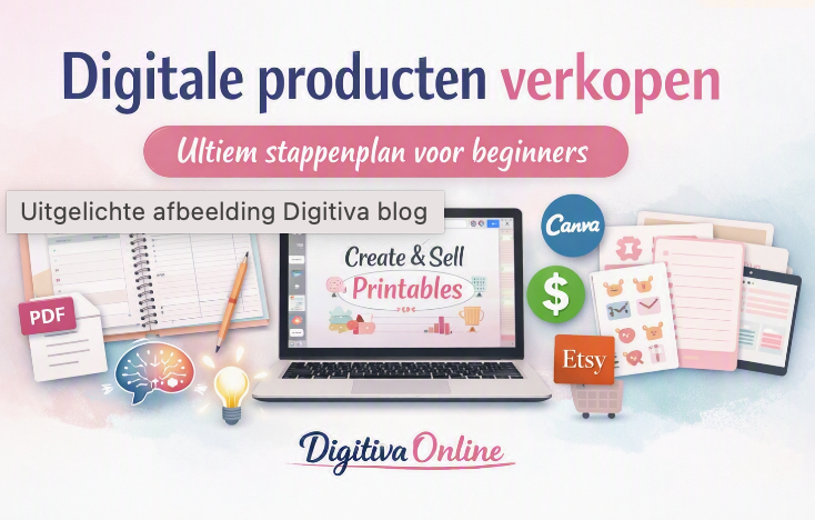 Uitgelichte afbeelding Digitiva blog: laptop met tekst “Create & Sell Printables”, omringd door Canva‑ en Etsy‑iconen, planners en PDF‑illustraties. Beige‑roze stijl met notitieboek, lampje en creatieve elementen – visuele samenvatting van het stappenplan voor digitale producten verkopen.