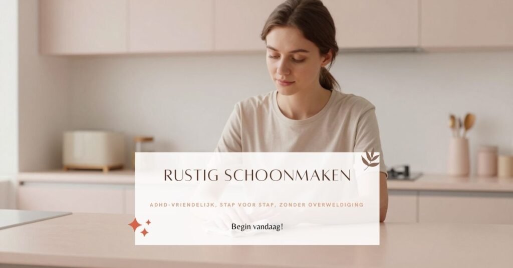 ADHD-vriendelijk schoonmaken in een rustige pastelkeuken, persoon die één kleine taak uitvoert zonder overweldiging, zachte beige en roze tinten en een serene, minimalistische sfeer.