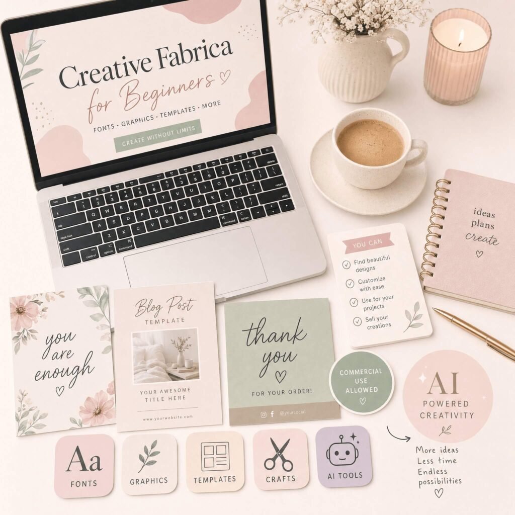 Pastel workspace illustration with laptop and creative design elements, perfect for a blog about Creative Fabrica voor beginners.