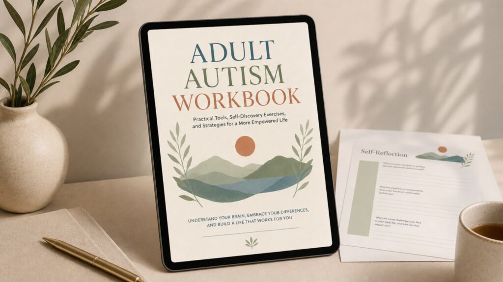 ADHD Overwhelm Reset workbook displayed on a tablet beside a printed workbook page, styled in warm neutral tones with a plant, pen and coffee cup.