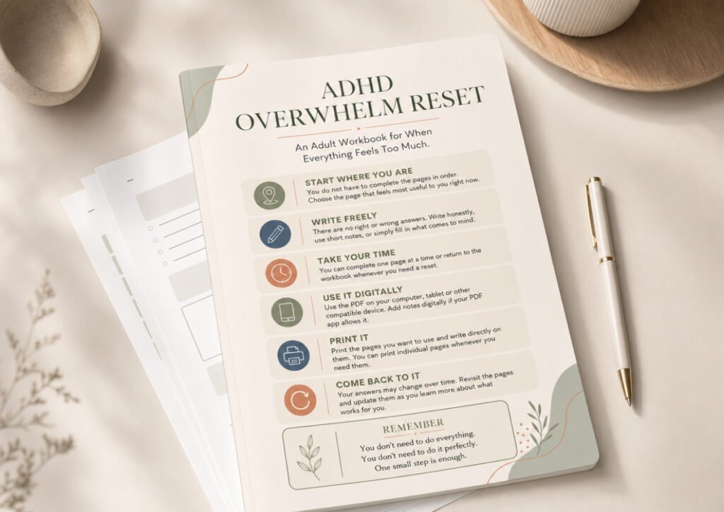 ADHD Overwhelm Reset printable workbook for adults, featuring exercises for stress management, self-reflection, focus, and emotional regulation.
